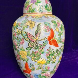 Famille Vintage CHINOISERIE Chinese Enameled Ginger Jar Large 12.3/4" Tall